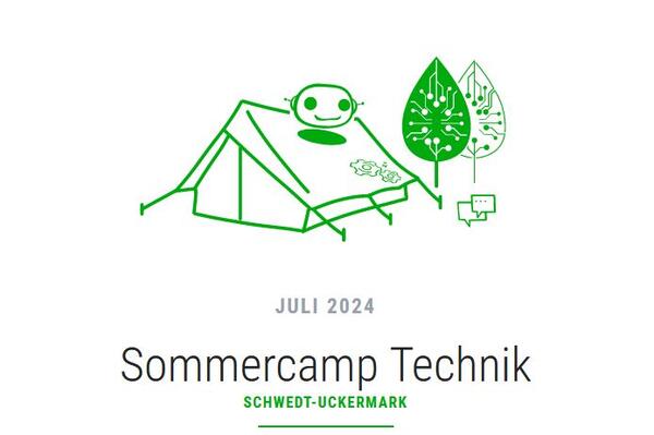 Zeichung: Ein Zelt und zwei Bäume, darunter Beschriftung: Juli 2024, Sommercamp Technik, Schwedt-Uckermark